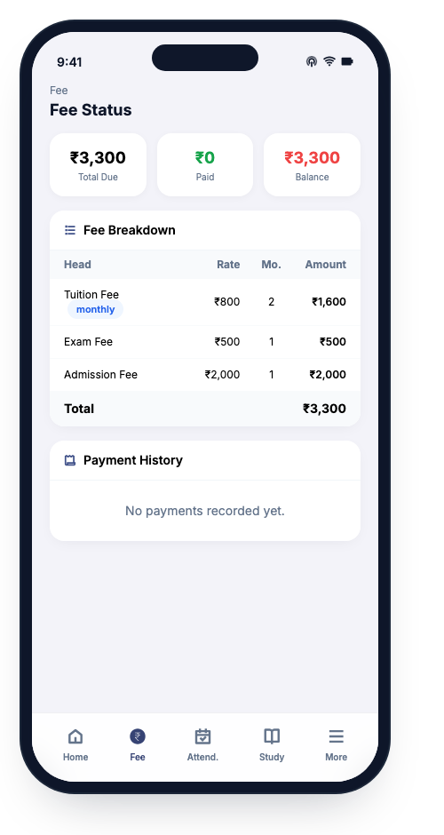 Student app — fee status screen