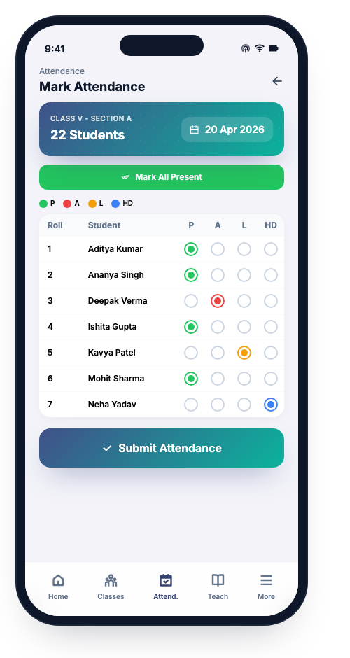 Teacher app — mark attendance