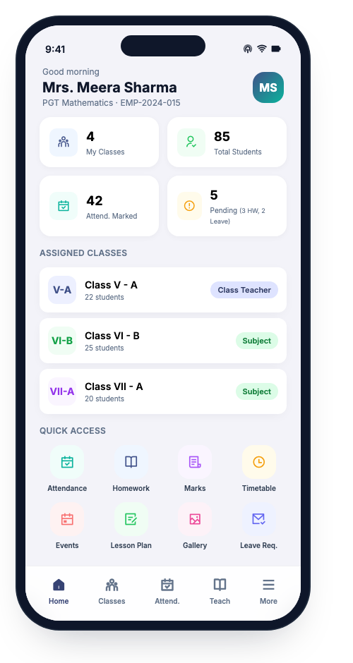 Teacher app — dashboard
