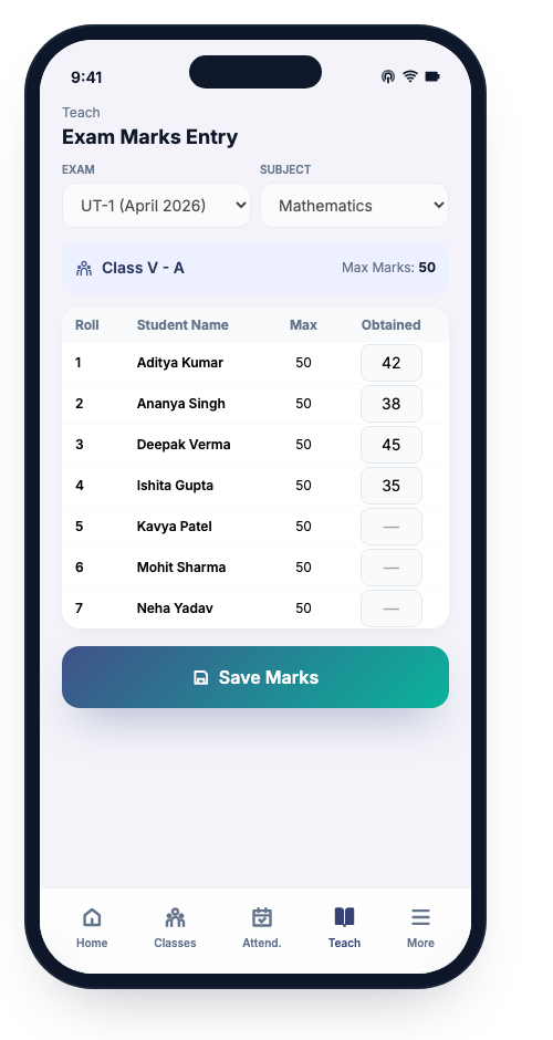 Teacher app — exam marks entry